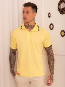 Lucky Star Modas Men's Striped Polo Shirt Piquet Knit - Yellow - View 2