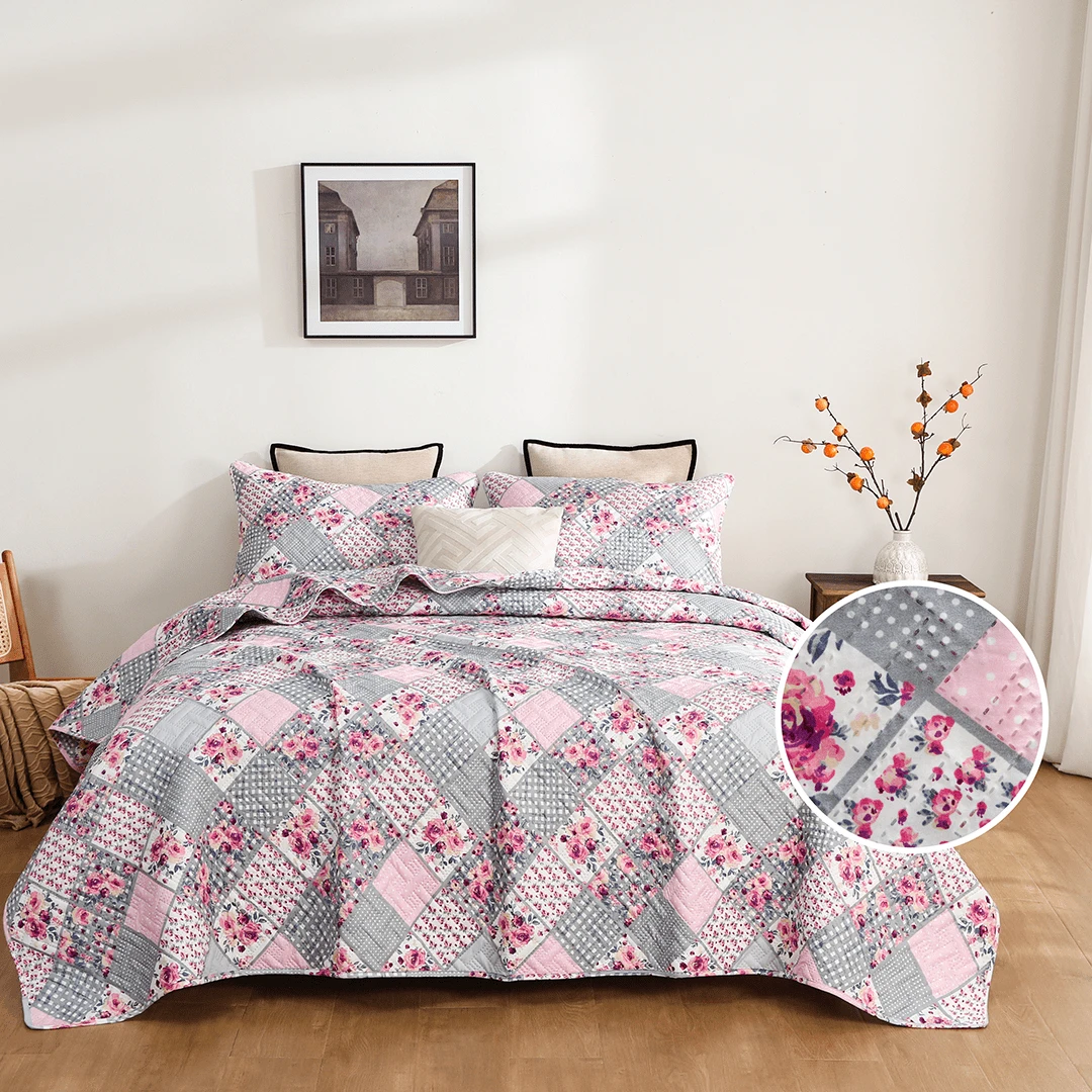 Edredón Queen con Relieve Ultrasónico - Floral rosas - Ver 1