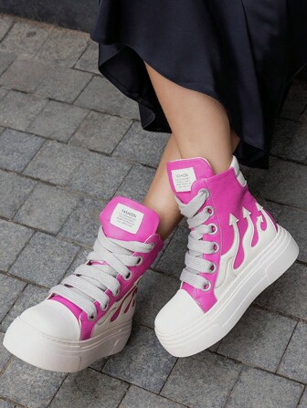 Platform Fashion Ankle Boots For Women Round Toe Thick Bottom Ladies Sneakers Vulcanize Shoes Lace-Up Designer Goth Punk Rock Booties Pink