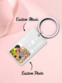 1pc Customized Music Code Photo Keychain, Personalized Stainless Steel Song Keychain, Album Keychain, Music Code Keychain Gift For Birthday, Anniversary Gift For Couples - Customized Photo + Scannable Music Code - View 3
