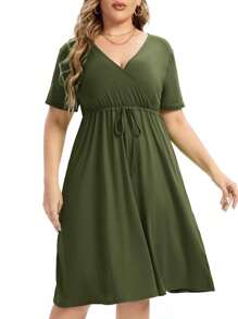 Women's Plus Size Dress V Neck Knee Length Wrap A-Line Mini Dress With Belt - Olive Green - View 1