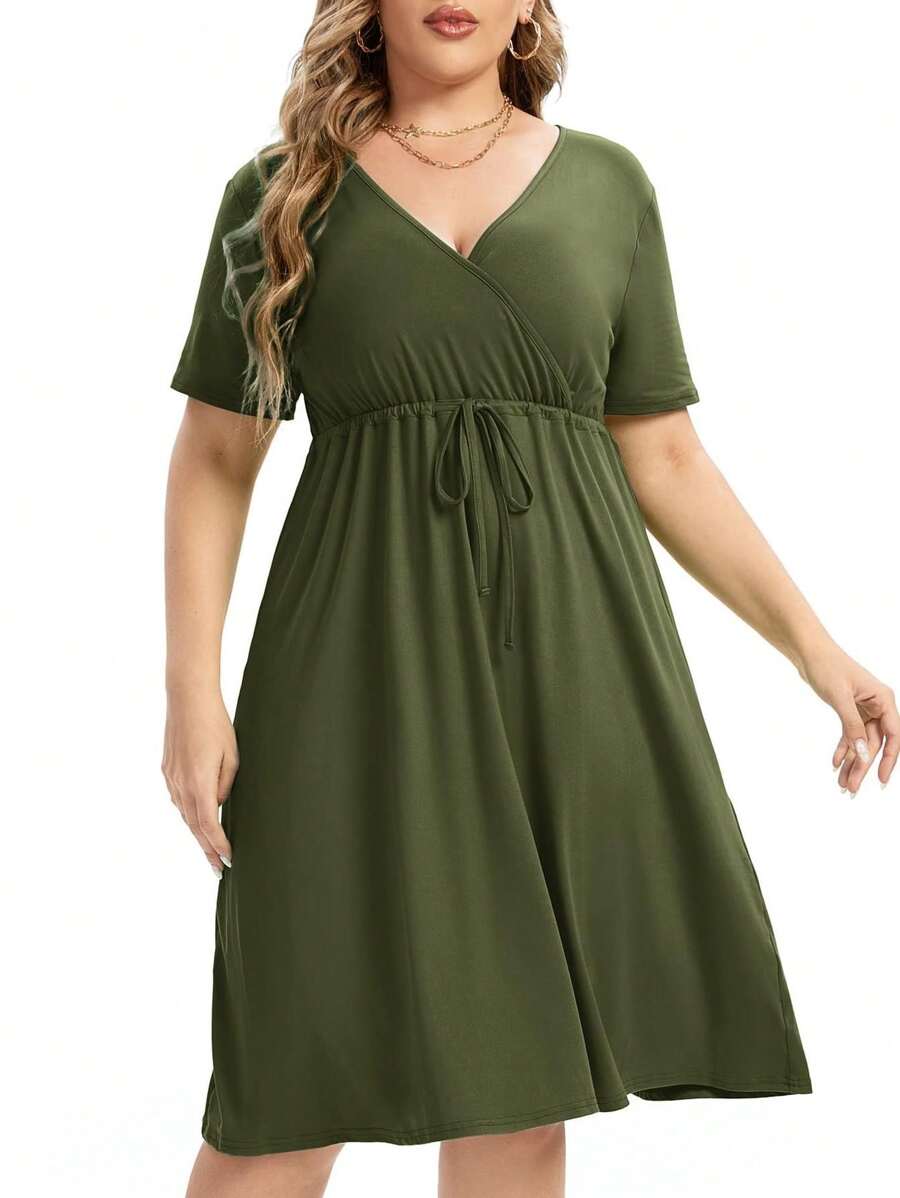 Women's Plus Size Dress V Neck Knee Length Wrap A-Line Mini Dress With Belt - Olive Green - View 1