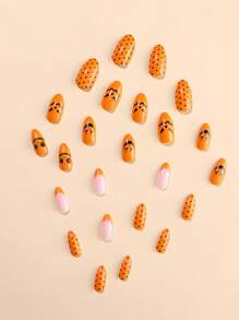 万圣节南瓜灯主题按压式指甲套装，24 片中长杏仁形橙色脸带波尔卡圆点法式指甲，含美甲工具 1 片果冻胶和 1 条摩擦条 - 橘色 - 查看 3