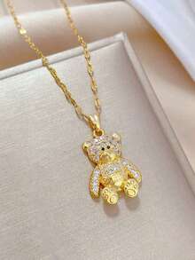 1 件不锈钢熊吊坠项链，带水钻，适合日常佩戴和送礼 - 金黃色 - 查看 3