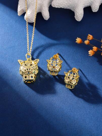 1 件全新跨境蓝眼豹头青铜微镶方晶锆石吊坠项链 18k 金嘻哈个性配饰