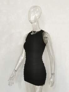 Womens Sleeveless Crew Neck Ribbed Slim Fit Ruched Bodycon Casual Mini Dresses - Negro - Ver 6