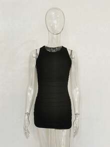Womens Sleeveless Crew Neck Ribbed Slim Fit Ruched Bodycon Casual Mini Dresses - Negro - Ver 7
