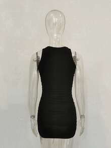 Womens Sleeveless Crew Neck Ribbed Slim Fit Ruched Bodycon Casual Mini Dresses - Negro - Ver 3