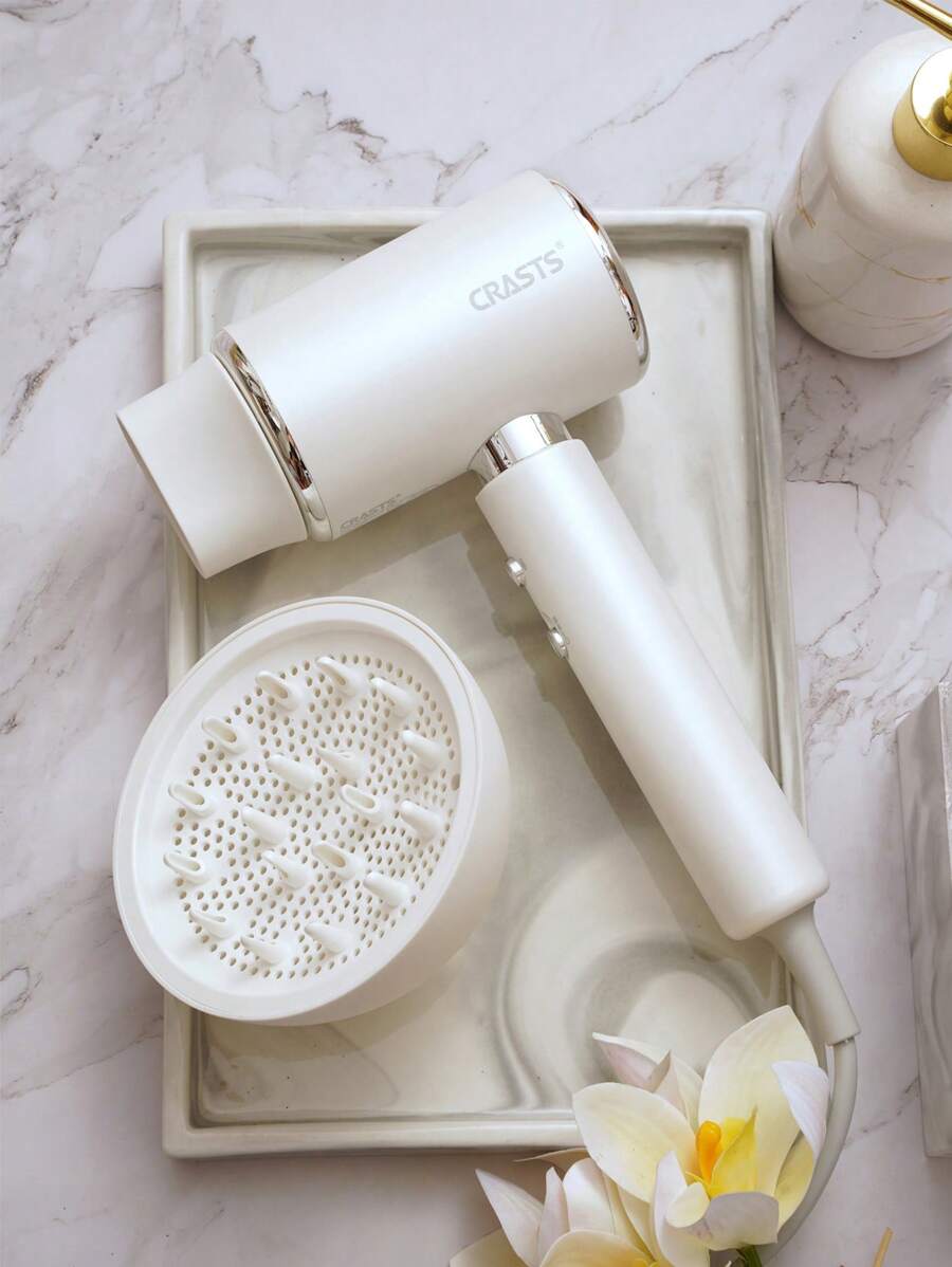 CRASTS White High-Power Hair Dryer With Three-Level Wind Speed & Temperature Control, One-Button Switching Cold & Hot Wind, Equipped With Drying Hood And Nozzles, MD-19 - UK Plug(220-240V) - View 1