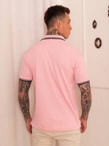 Lucky Star Modas Men's Striped Polo Shirt Piquet Knit - Pink - View 4