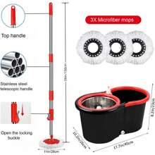Spin Mop And Bucket Set, 360° Spin Mop And Bucket With Wringer Set And 3 Microfiber Mop Refills, Stainless Steel 61" Extended Handle Spinning Mop Bucket System For Floor Cleaning,Black - Black - View 2