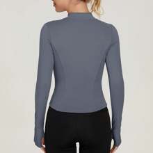 Women's Sport Jacket Lightweight Full Zip Up Yoga Jacket,Suitable For Outdoor Activities,Slim Fit Workout Gym Running With Thumb Holes, Solid Color Stand Collar Sports Tops, Slim Fit Yoga Outerwear, Women's Sportswear Workout Clothing For Indoor Outdoor Wear - 灰色 - 查看 3