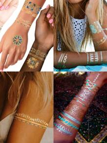 Tatuajes dorados Brillo Arte corporal Tatuajes temporales metálicos Tatuajes falsos a prueba de agua Pegatinas de tatuaje para verano Mujeres Niñas 3 hojas - Dorado - Ver 5