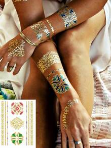 Tatuajes dorados Brillo Arte corporal Tatuajes temporales metálicos Tatuajes falsos a prueba de agua Pegatinas de tatuaje para verano Mujeres Niñas 3 hojas - Dorado - Ver 2