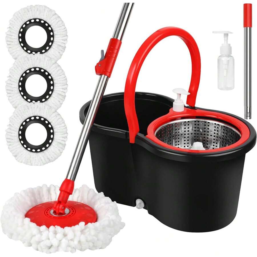 Spin Mop And Bucket Set, 360° Spin Mop And Bucket With Wringer Set And 3 Microfiber Mop Refills, Stainless Steel 61" Extended Handle Spinning Mop Bucket System For Floor Cleaning,Black - Black - View 1