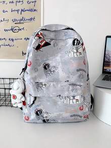 1入太空人圖案背包，日式塗鴉風格時尚中學生學校書包，男女適用，雙肩尼龍書包 - 灰色 - 查看 4