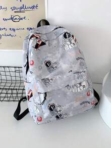 1入太空人圖案背包，日式塗鴉風格時尚中學生學校書包，男女適用，雙肩尼龍書包 - 灰色 - 查看 2