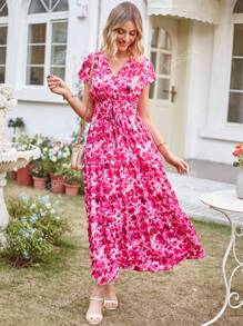 GOOTUCH V-Neck Batwing Sleeve Elastic Waist Long Dress