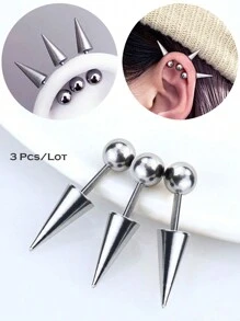 3Pcs/Set Stainless Steel Spike Helix Piercing Earring Devil Ear Stack Cartilage Body Piercing Jewelry Punk Style - Silver - View 1