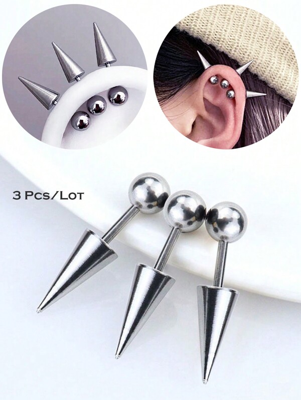 3Pcs/Set Stainless Steel Spike Helix Piercing Earring Devil Ear Stack Cartilage Body Piercing Jewelry Punk Style