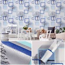 LFASCU 1卷10M幾何圖案自粘壁紙，藍色方形樹設計，PVC材質，易安裝，撕下即貼，適用於臥室、客廳電視牆背景、廚房櫥櫃、家具翻新、DIY裝飾、易於清潔，尺寸為17.7英寸X393.7英寸 - 藍色 - 查看 3