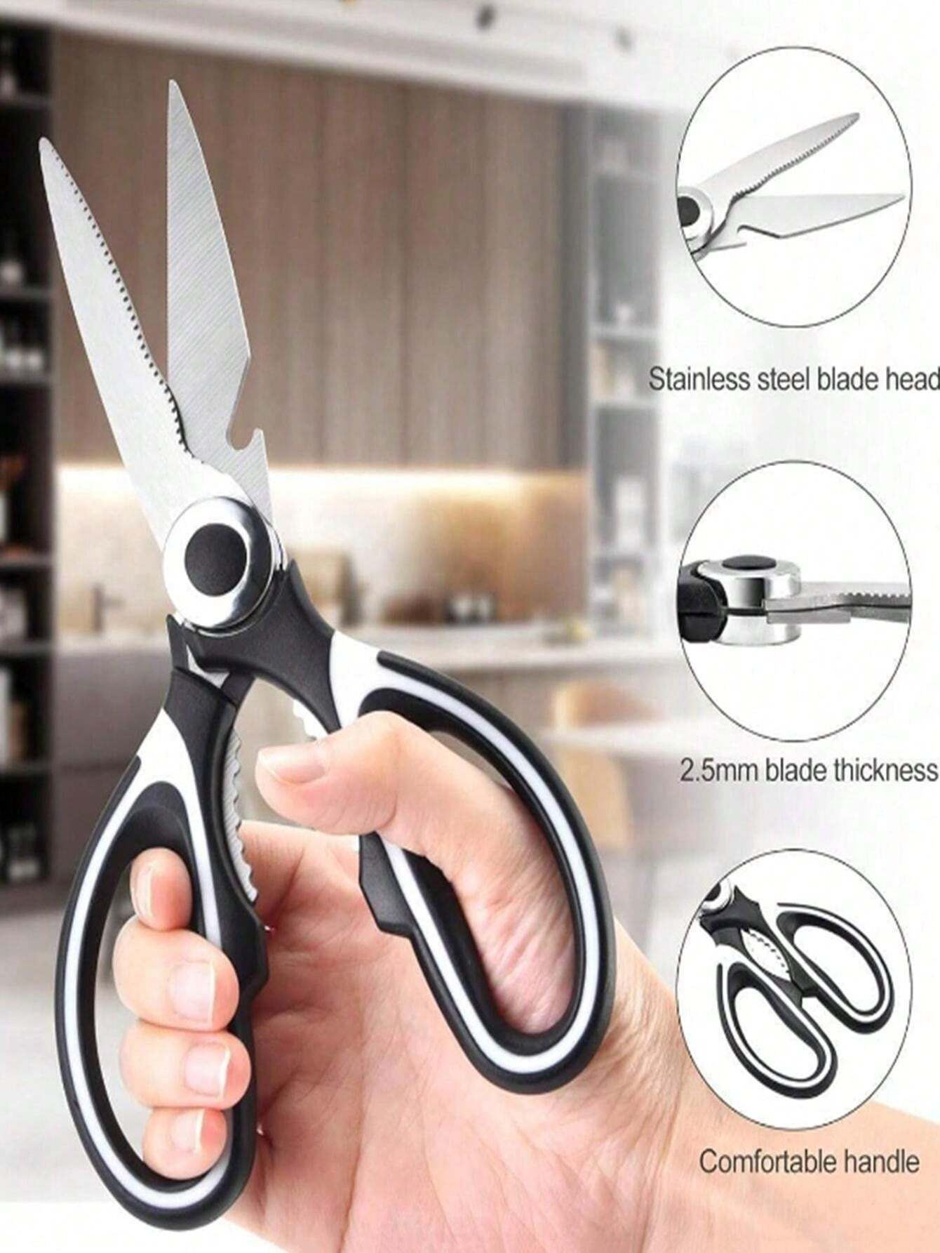1pc Black & White Stainless Steel Kitchen Scissors, Multifunctional Heavy Duty Food Shears, For