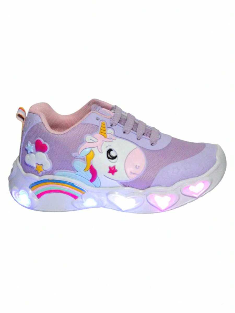 Zapatillas Deportivas Tenis de Led Niña Play Color Lila Rosa Unicornio Casual Focos - Lila Púrpura - Ver 1