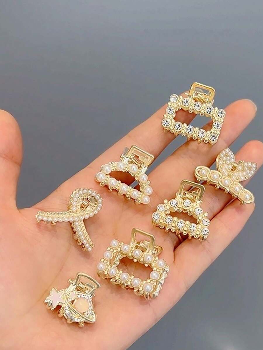 7pcs 2.5cm Elegant Pearl Hair Claw Clips Set For Half Bun/Hair Twist, Mini Hairpins For Nape, Bangs, Fringes, Side Bangs And Hair Accessories - Gold - View 1