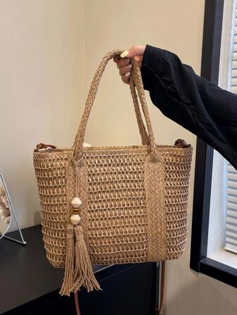 1 pieza Nuevo bolso de tela de paja trenzado grande de verano, bolso de mano de mujer de moda con flecos, cierre con cremallera y correa para el hombro, ideal para la playa y las vacaciones