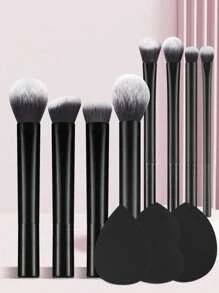 8支黑色长柄化妆刷套装 + 3个粉扑，包含腮红刷、散粉刷、轮廓刷、眼影刷、晕染刷、高光刷、修容刷和提亮刷，化妆刷套装，化妆刷套装，化妆刷套装，全套化妆刷，化妆刷套装，全套化妆工具，化妆刷套装，化妆刷礼盒套装 - 黑色 - 查看 9