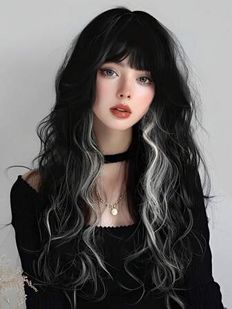 黑色底綠色亮點長卷髮帶劈面，織造化學纖維頭髮，日常人造頭皮