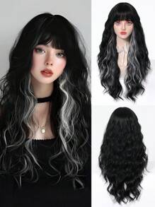 黑色长卷发假发，带绿色挑染和刘海，采用化纤材质，适合日常佩戴，模拟头皮质感。 - 彩色 - 查看 3