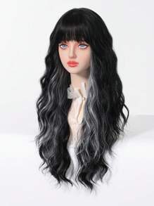 黑色长卷发假发，带绿色挑染和刘海，采用化纤材质，适合日常佩戴，模拟头皮质感。 - 彩色 - 查看 5