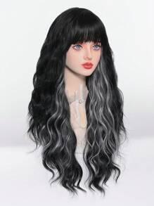 黑色长卷发假发，带绿色挑染和刘海，采用化纤材质，适合日常佩戴，模拟头皮质感。 - 彩色 - 查看 4