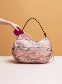 1个可重复使用可折叠购物袋，粉色防水牛津布材质，旅行沙滩手提袋，超市杂货购物袋 - 粉色 - 查看 5