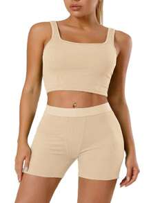 Workout Sets For Women 2 Piece Ribbed High Waist Shorts With Tank Crop Top Sport Bra Yoga Outfits - Màu be - Xem 3