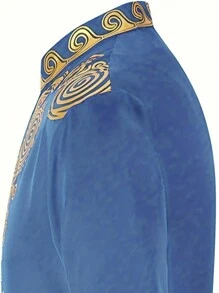 Men's Long Sleeve African Dashiki Traditional Gold Printed Button-Down Shirt - Blue - View 2