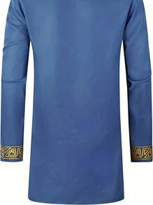 Men's Long Sleeve African Dashiki Traditional Gold Printed Button-Down Shirt - Blue - View 4