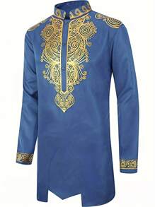Men's Long Sleeve African Dashiki Traditional Gold Printed Button-Down Shirt - Blue - View 5