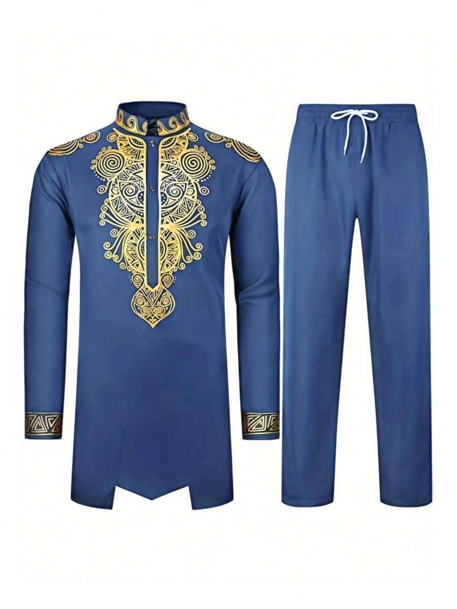 Men's Long Sleeve African Dashiki Traditional Gold Printed Button-Down Shirt - Blue - View 1