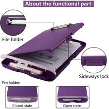 1pc Clipboard With Storage, A4 Loose Leaf Clip With Pen Holder For Care, Heavy-Duty Storage Clipboard With Thin Clip, Clipboard Folder With Side Opening, Smooth Writing Clipboard For Both Men And Women, Essential For Office Workers(Purple) - 紫色 - 查看 5