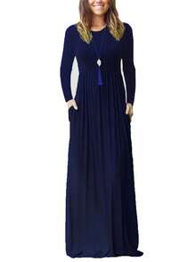 Mujeres de manga larga Maxi Vestido Liso Imperio Cintura Vestido Casual Suelta Otoño / Invierno Vestidos con Bolsillos - Azul Marino - Ver 2