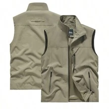 Chaleco utilitario de múltiples bolsillos para hombres de primavera/otoño, chaleco para deportes y actividades al aire libre, pesca y fotografía, chaqueta casual ligera, tops transpirables con cuello de soporte y bolsillos dobles con cremallera - Caqui - Ver 2
