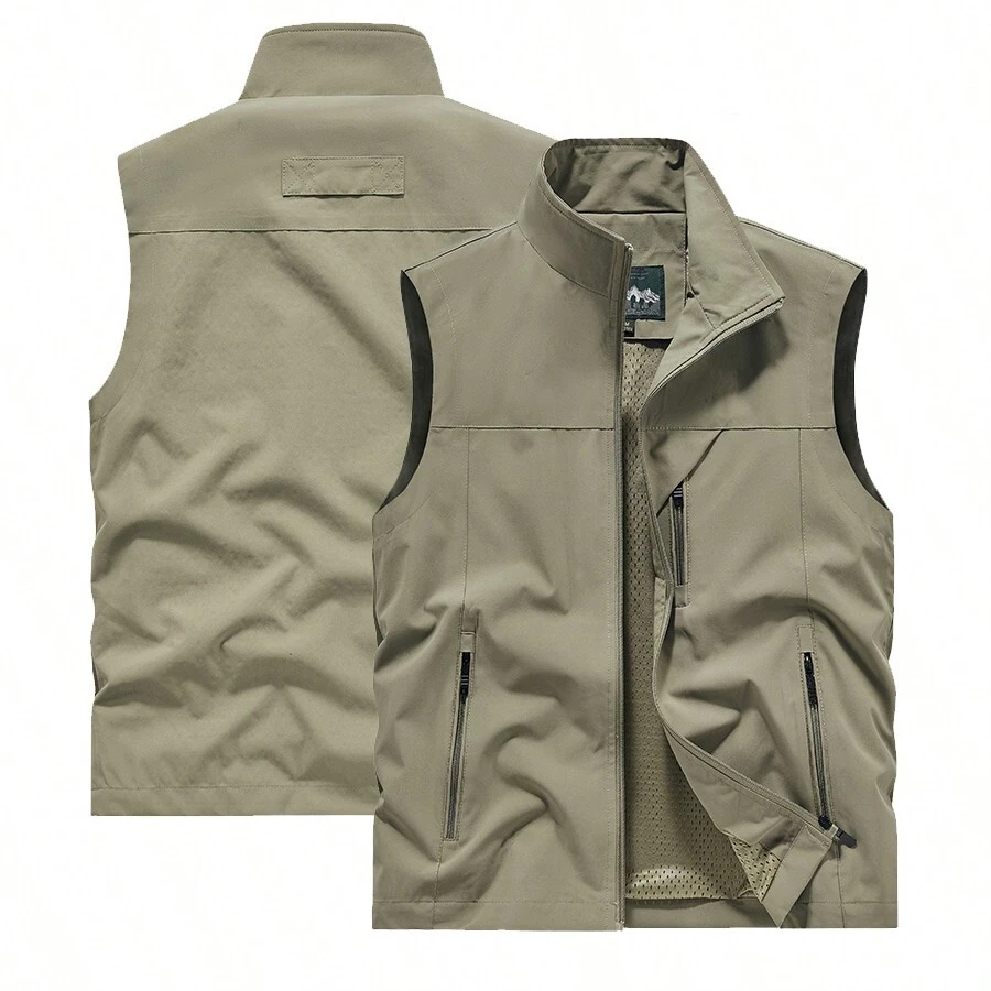 Chaleco utilitario de múltiples bolsillos para hombres de primavera/otoño, chaleco para deportes y actividades al aire libre, pesca y fotografía, chaqueta casual ligera, tops transpirables con cuello de soporte y bolsillos dobles con cremallera