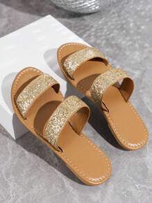 女士时尚闪亮户外/度假纯色简约露趾平底凉鞋