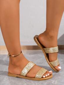 女士时尚闪亮户外/度假纯色简约露趾平底凉鞋