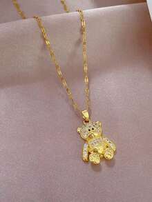 1 件不锈钢熊吊坠项链，带水钻，适合日常佩戴和送礼 - 金黃色 - 查看 4
