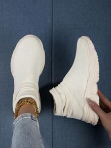 Women's Fashionable  Mid-Top Socks Sneakers, Convenient Slip-On Knitted Shoes With Mesh And Thick Sole, Lightweight And Comfortable For Walking, Super Breathable And Stylish - Beige - View 4