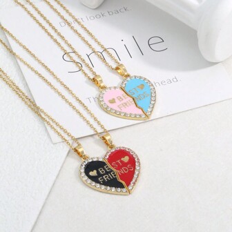 2 Piece Set Dopamine Color Drip Oil Heart Rhinestone Pendant Necklace For Friends, Couples, Graduation Gift, Friendship Gift