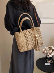 1 件新款夏季大号草编手提包，时尚女士手提包，带流苏、拉链开合和肩带，非常适合海滩和度假 - 卡其色 - 查看 5